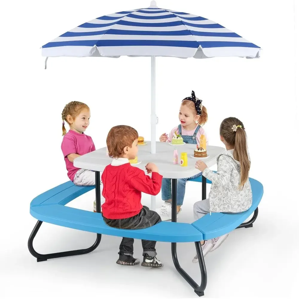 Kids Outdoor Umbrella For Table - 8 Kişilik Çocuk Piknik Masası, Şemsiyeli,